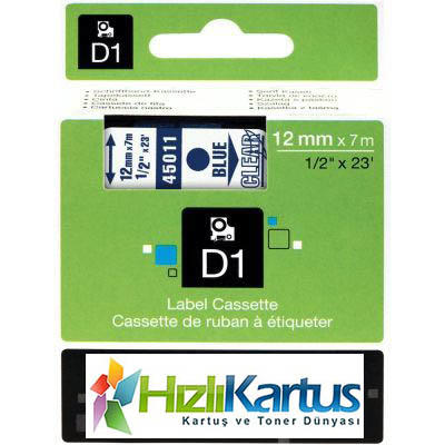 Dymo D1 45011 Blue Compatible Label Strip On Transparent 12mm x 7m