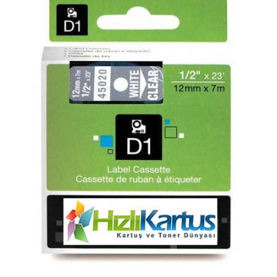 Dymo D1 45020 White Compatible Label Strip on Transparent 12mm x 7m
